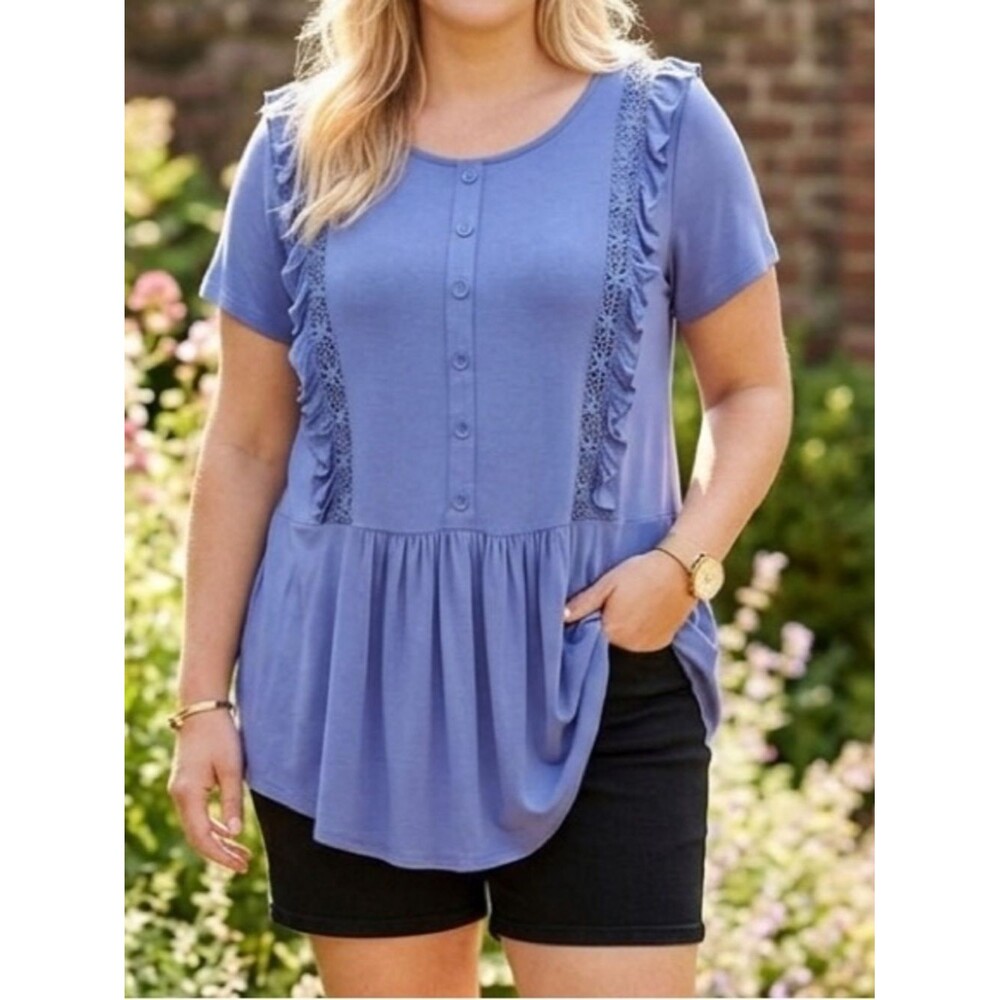 2X Women's Purple Ruffle Button-Down Top with Lace Inserts.